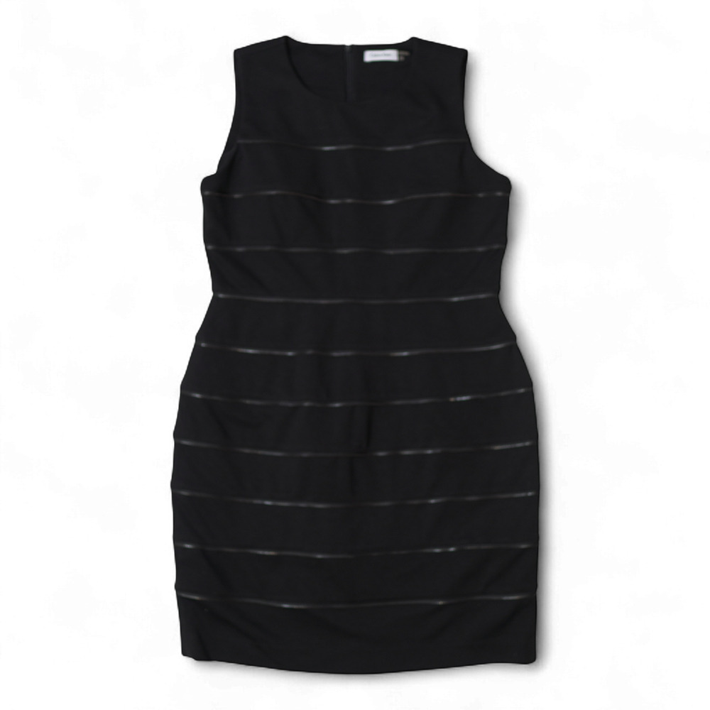 Calvin Klein Sheath Dress Sz 12 Black Zip Adorned Sleeveless Crew Neck Partycore